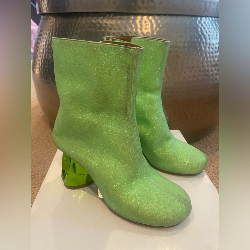 Vintage Maison Margiela Acid Green Glitter Boots w/ Tie - Picture 2 of 12